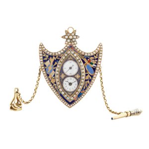 Gold, enamel, pearl set shield form brooch watch Circa 1810
