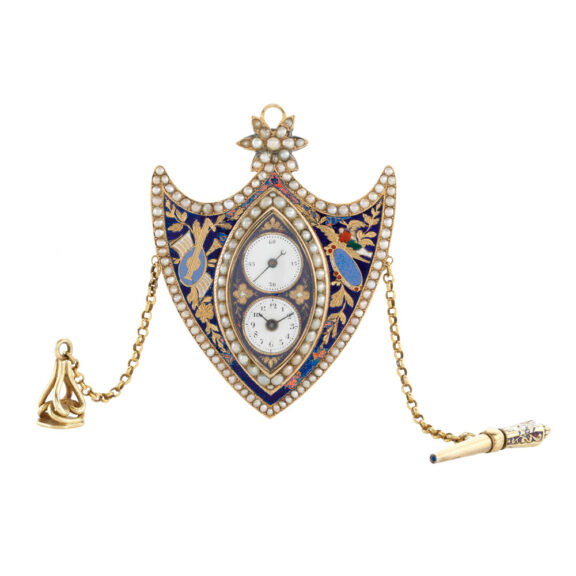 Gold, enamel, pearl set shield form brooch watch Circa 1810