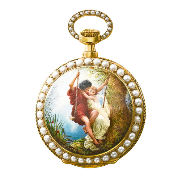 Swiss gold, enamel, pearl set pendant watch Circa 1880