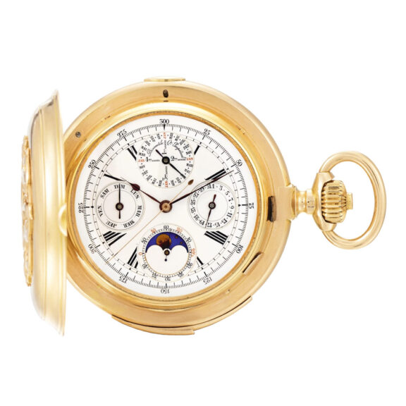 Swiss rose gold hunting cased complicated watch circa 1890