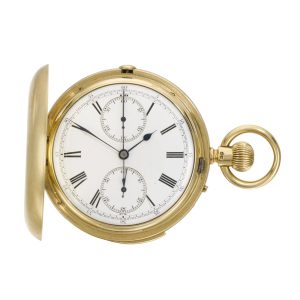 English gold hunting cased repeating lever chronograph Circa 1885