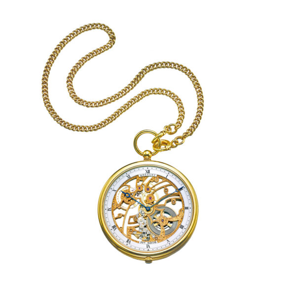 Swiss gold skeletonized lever pocket watch with chain Circa 1990