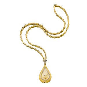 Swiss gold and diamond-set pear-shaped pendant watch Circa 1975