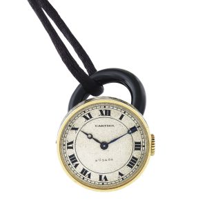 Swiss 18 Carat gold and black enamel lever pendant watch Circa 1935