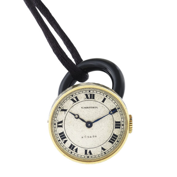 Swiss 18 Carat gold and black enamel lever pendant watch Circa 1935