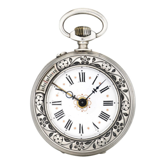 Swiss silver two train keyless lever with cricket alarm Circa 1890