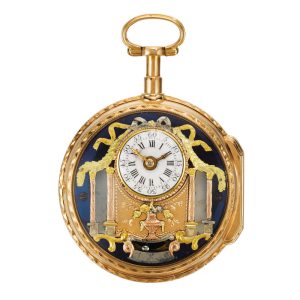 French double-dialled cylinder with mock pendulum Circa 1780