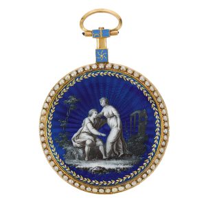 Swiss 18K gold, enamel and pearl-set cylinder watch Circa 1780