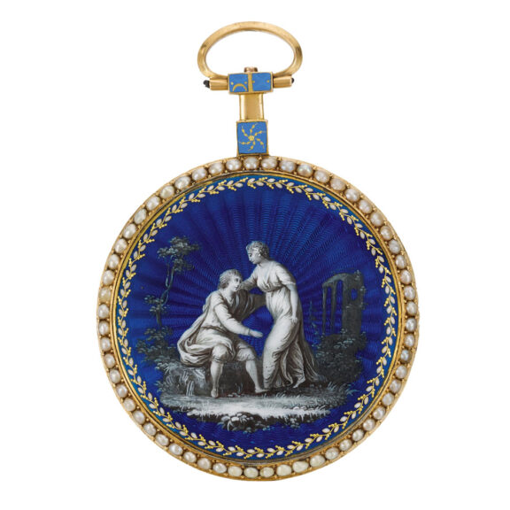 Swiss 18K gold, enamel and pearl-set cylinder watch Circa 1780