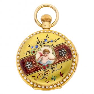Swiss 18K gold, enamel, diamond and pearl set lever watch Circa 1900