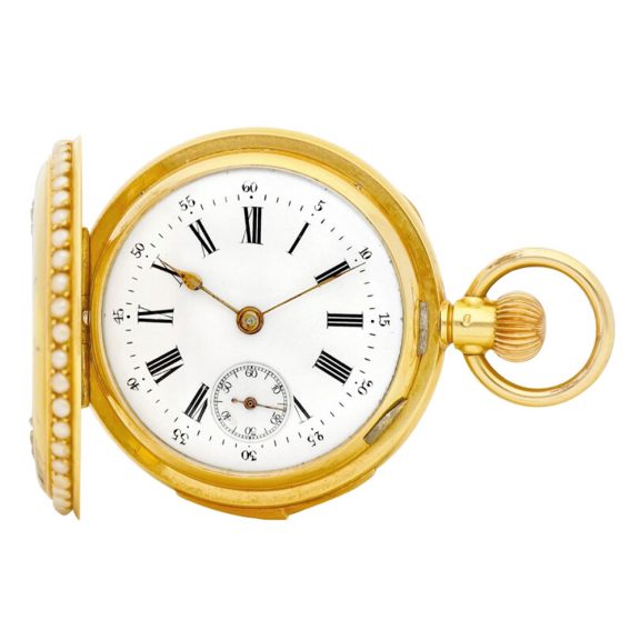 Swiss 18K gold, enamel, diamond and pearl set lever watch Circa 1900 Swiss 18K gold, enamel, diamond and pearl set lever watch Circa 1900