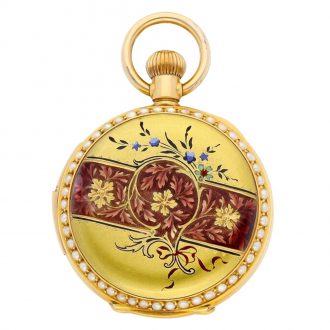 Swiss 18K gold, enamel, diamond and pearl set lever watch Circa 1900