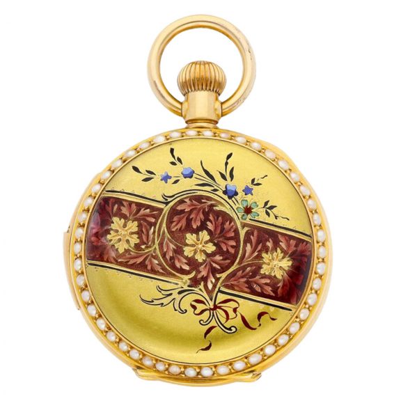 Swiss 18K gold, enamel, diamond and pearl set lever watch Circa 1900 Swiss 18K gold, enamel, diamond and pearl set lever watch Circa 1900