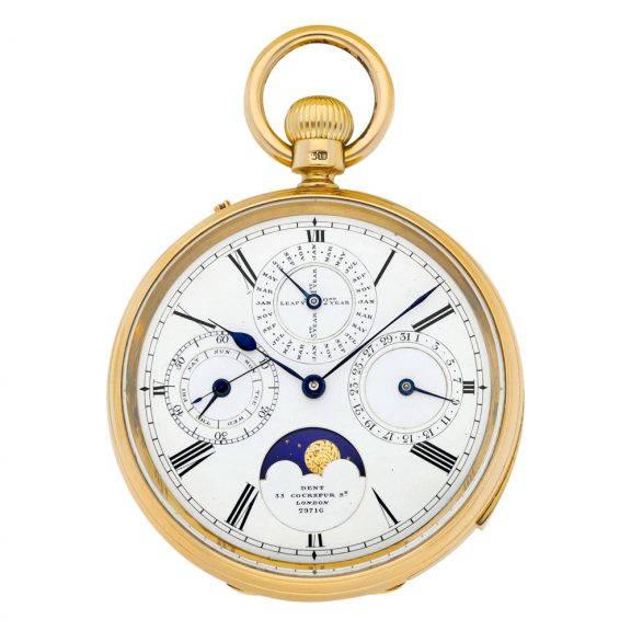 English 18K gold keyless lever complicated pocket watch Circa 1890