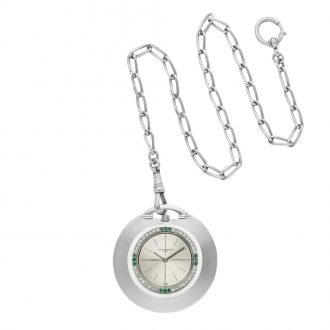 Swiss 18 carat white gold, diamond and emerald set lever watch Circa 1960