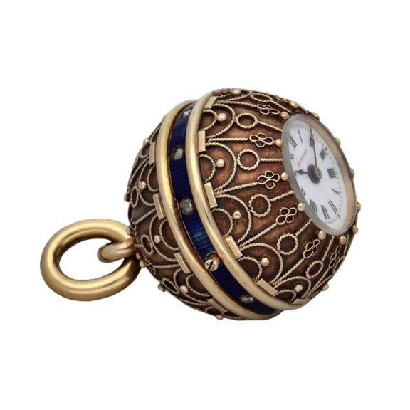 Swiss gold, enamel and diamond set ball form watch Circa 1867 Swiss gold, enamel and diamond set ball form watch Circa 1867