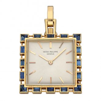 Swiss 18 carat gold and sapphire set pendant watch Circa 1963