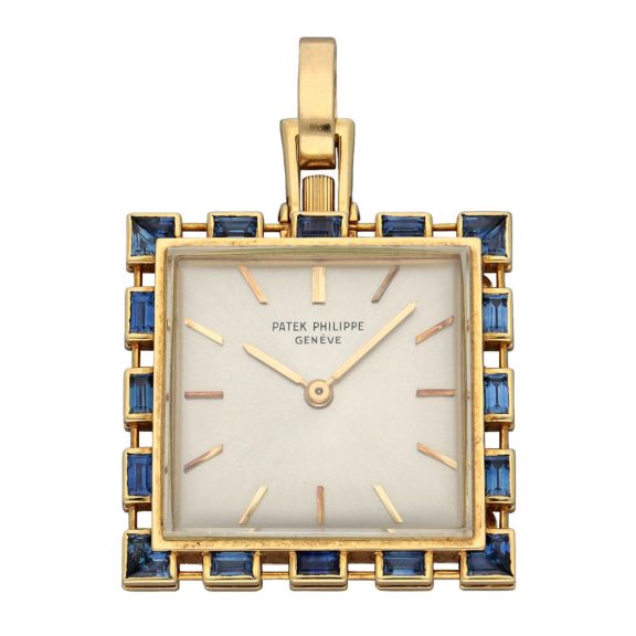 Swiss 18 carat gold and sapphire set pendant watch Circa 1963