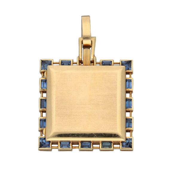 Swiss 18 carat gold and sapphire set pendant watch Circa 1963 Swiss 18 carat gold and sapphire set pendant watch Circa 1963