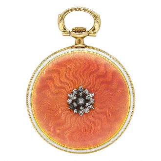 French 18K gold, enamel and diamond set keyless watch Circa 1910