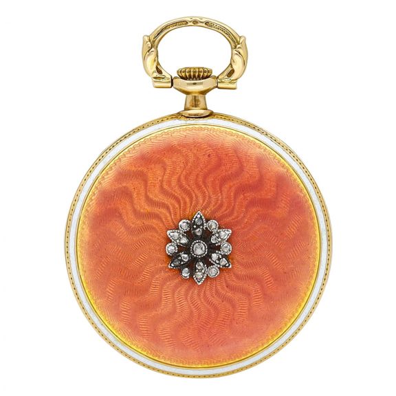 French 18K gold, enamel and diamond set keyless watch Circa 1910