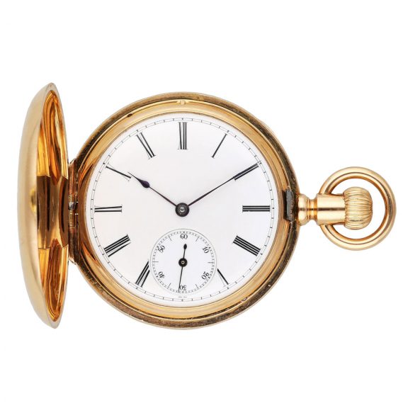 Swiss 18K gold hunting cased keyless pocket watch Circa 1889