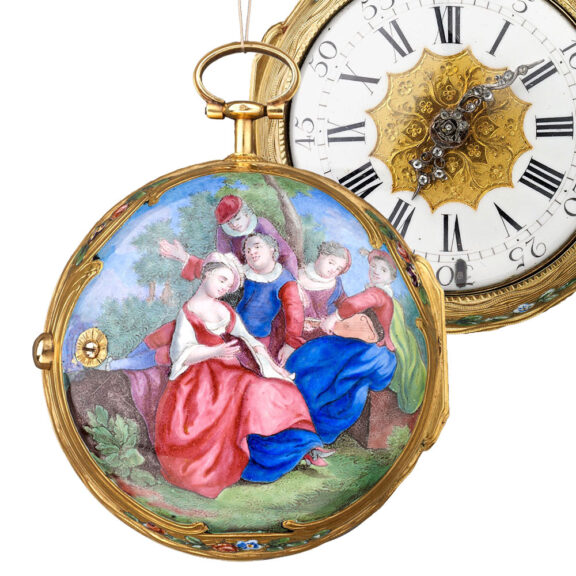 Gold French/Swiss verge watch with pastoral scene Circa 1758-65 Gold French/Swiss verge watch with pastoral scene Circa 1758-65