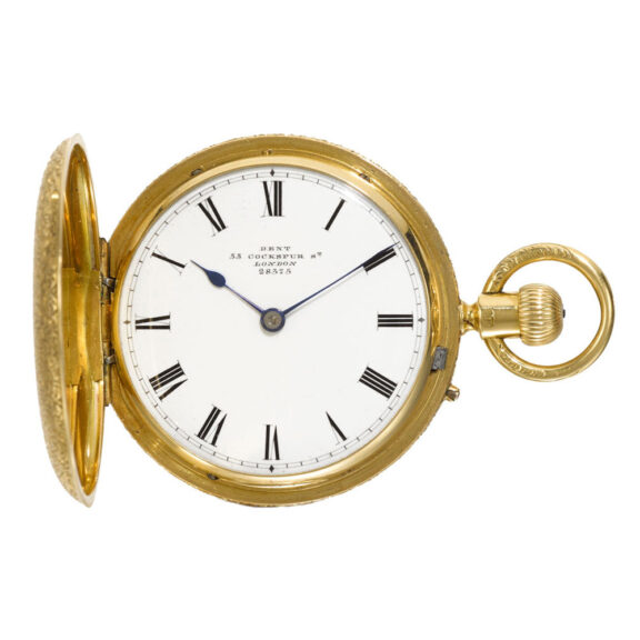 A small English gold hunting cased keyless lever watch Circa 1875
