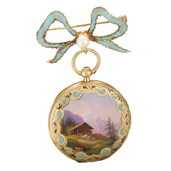 Swiss gold cylinder brooch watch with pearls-set Circa 1872 Swiss gold cylinder brooch watch with pearls-set Circa 1872