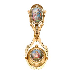 Unique Swiss gold cylinder watch with chatelaine Circa 1880