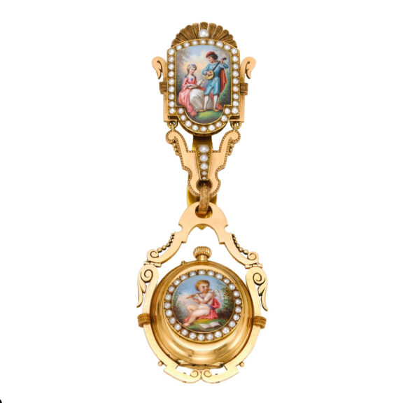 Unique Swiss gold cylinder watch with chatelaine Circa 1880 Unique Swiss gold cylinder watch with chatelaine Circa 1880