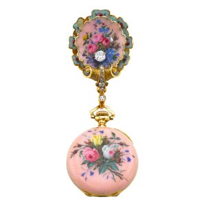 Swiss gold pendant watch with pink guilloché dial Circa 1900