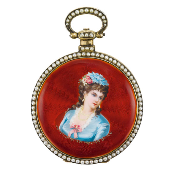 Swiss gilt metal pearl and enamel duplex watch Circa 1820