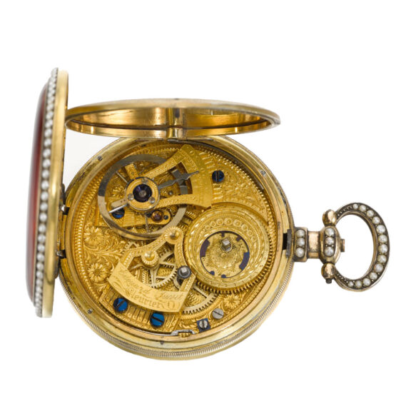 Swiss gilt metal, pearl and enamel duplex watch Circa 1820 Swiss gilt metal, pearl and enamel duplex watch Circa 1820