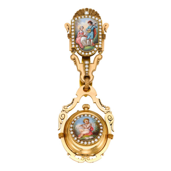 Swiss pink gold cylinder watch with chatelaine Circa 1880