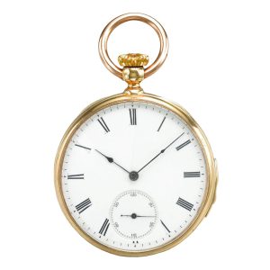 Swiss 18k gold open faced quarter repeating watch Circa 1869