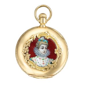 Swiss gold watch, enamel portrait 'Victorian female' Circa 1887
