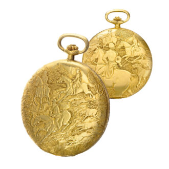 Swiss gold watch with chased case 'chasse a courre' Circa 1971