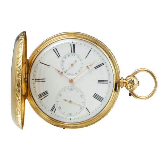 Swiss gold full hunter chronometer watch with date Circa 1870 Swiss gold full hunter chronometer watch with date Circa 1870