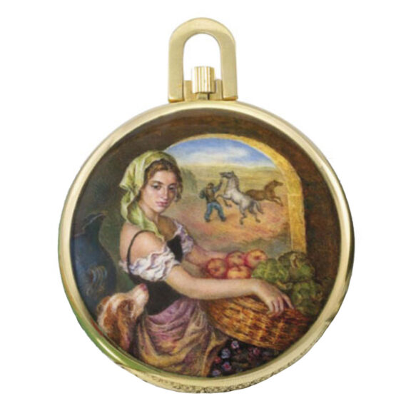 Unique Swiss 18k gold lever with enamel miniature Circa 1974 Unique Swiss 18k gold lever with enamel miniature Circa 1974
