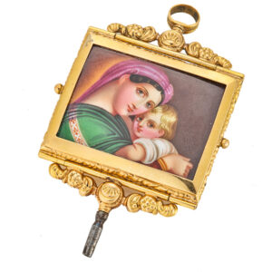 Rare Swiss gold watch key with enamel painting 19th Century