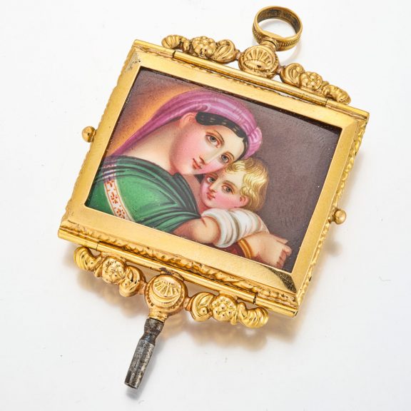 Rare Swiss gold watch key with enamel painting 19th Century Rare Swiss gold watch key with enamel painting 19th Century