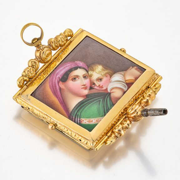 Rare Swiss gold watch key with enamel painting 19th Century Rare Swiss gold watch key with enamel painting 19th Century
