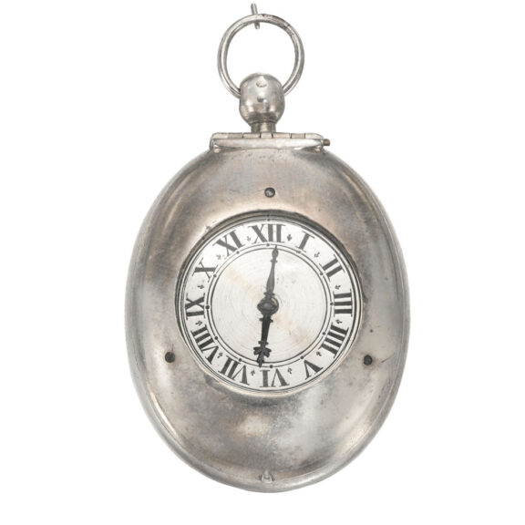 A rare silver oval puritan verge with protective case Circa 1635 A rare silver oval puritan verge with protective case Circa 1635
