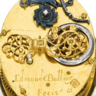 A rare silver oval puritan verge with protective case Circa 1635 A rare silver oval puritan verge with protective case Circa 1635