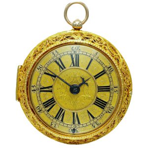 A gold verge with filigree work outer case Circa 1682-1685