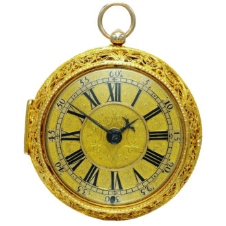 A gold verge with filigree work outer case Circa 1682-1685