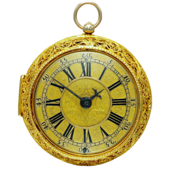 A gold verge with filigree work outer case Circa 1682-1685