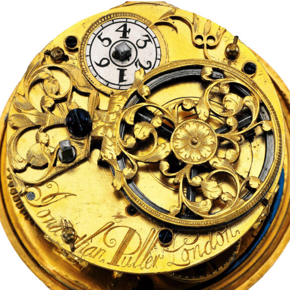 A gold verge with filigree work outer case Circa 1682-1685 A gold verge with filigree work outer case Circa 1682-1685
