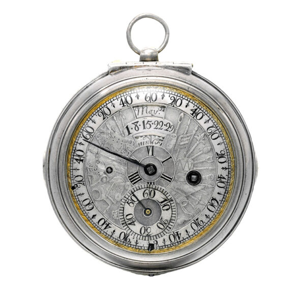 A verge with six hour dial, seconds and more Circa 1690-95 A verge with six hour dial, seconds and more Circa 1690-95